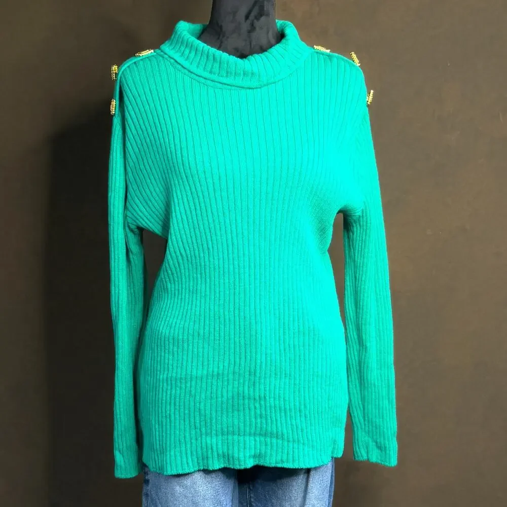 Vintage St. John Collection by Marie Gray Sweater Gold Button Teal Green Size M